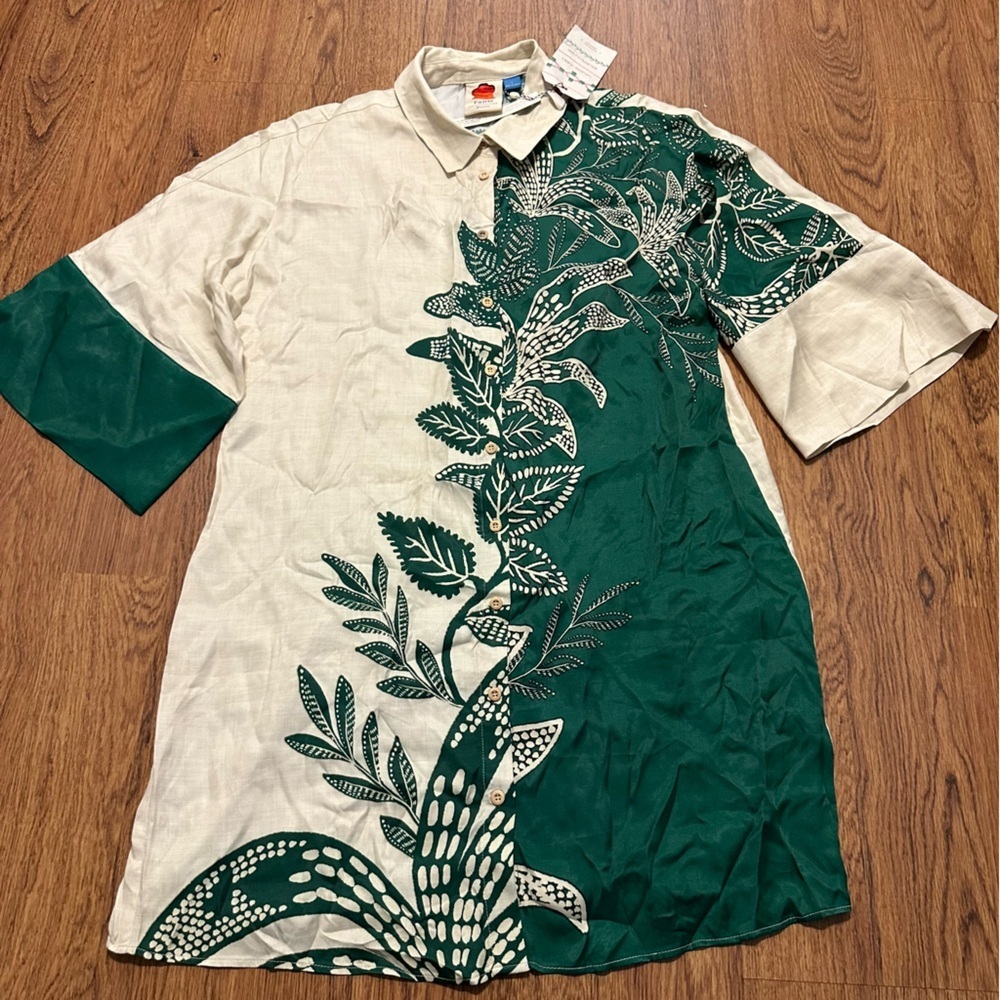 FARM Rio short sleeve Green Cream Leaf Print mini dress size large NWT